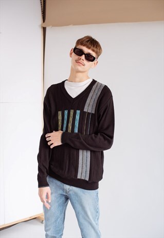 VINTAGE 90S RELAXED FIT GRANDAD WOOL SWEATER IN MULTI KNIT L