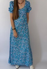 Vintage Blue Floral Maxi Dress - 12UK