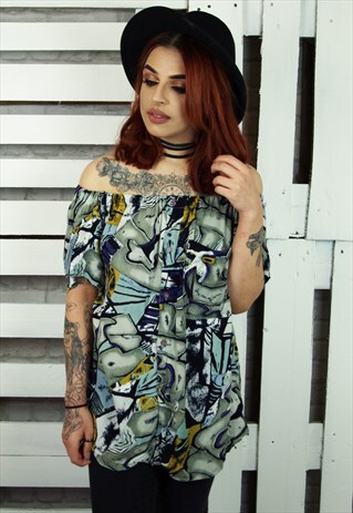 FUNKY ABSTRACT PRINT BARDOT STYLE REWORKED BLOUSE