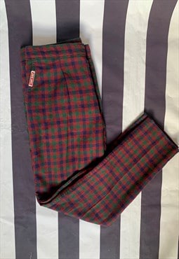 Vintage 60s Red Purple Check Tartan Slim Wool Trousers