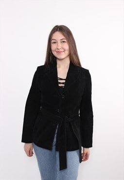 Vintage 90s Black Leather Trench Jacket Women