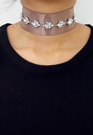 SATIN- BROWN & RHINESTONE TEARDROP WRAP CHOKER - SILVER