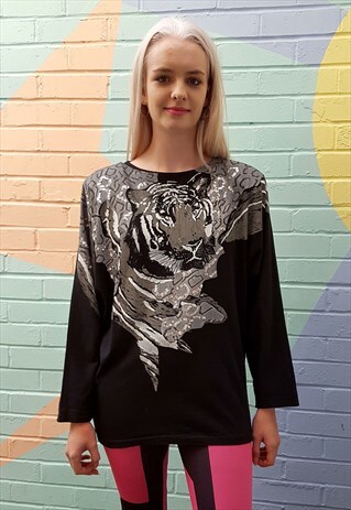 T SHIRT, BLACK, 80S LONG SLEEVED TOP, TIGER PRINT & SEQUINS