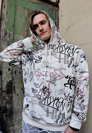 DROP SHOULDER PREMIUM QUALITY GRAFFITI PAINT HOODIE IN WHITE