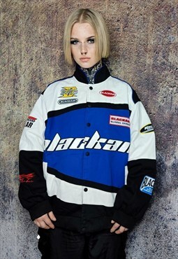 Racer jacket multi patch padded motorcycle bomber in blue