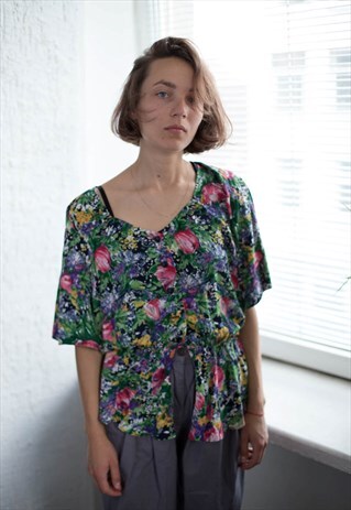 VINTAGE 70'S MULTICOLOUR FLORAL PRINT BOHEMIAN BLOUSE