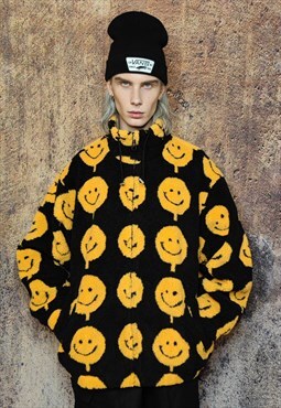 Emoji fleece jacket faux fur smiley print bomber in black 
