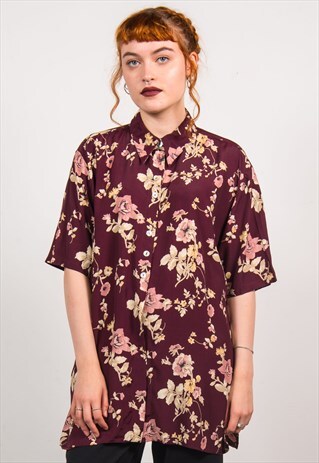 VINTAGE 90'S MAROON FLORAL PATTERN SHIRT