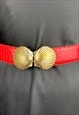 70'S VINTAGE LEATHER RED SHELL CLASP BELT LADIES GOLD