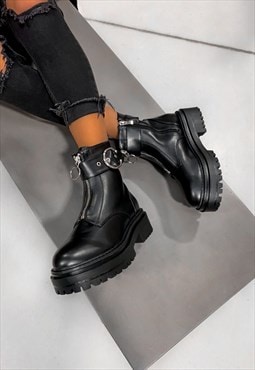 Zip Front Chunky Ankle Boots - Black PU