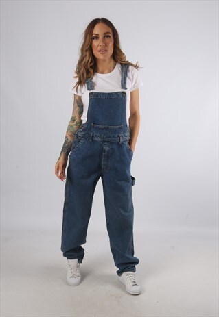 VINTAGE DENIM DUNGAREES WIDE STRAIGHT LEG UK S 10 (93I)