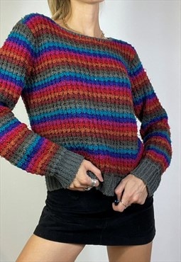 Vintage Y2k Knitted Crew Neck Jumper Striped Cottagecore