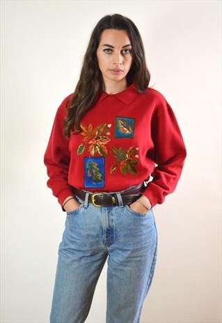 1990S VINTAGE RED COLLARED LEAF DESIGN SWEATSHIRT