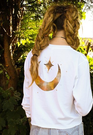 HANDPAINTED SUN & CRESCENT MOON LONG SLEEVED CROP TOP