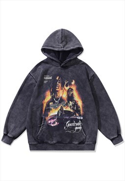 Rapper print hoodie vintage wash pullover hip-hop jumper