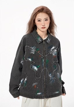 Patchwork denim jacket butterfly varsity painted jean bomber