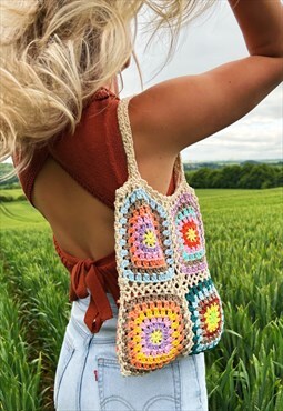 Cream Handmade Crochet Shoulder Tote Bag For Summer Festival