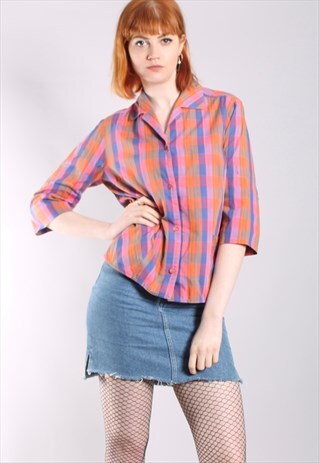 VINTAGE 60S BRIGHT CHECK CROP SLEEVE BLOUSE TOP
