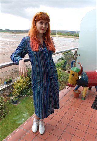 VINTAGE 80S BLUE & PURPLE STRIPED SHIRT MIDI DRESS