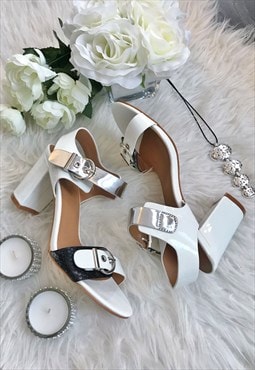 White Patent Faux Leather Heeled Sandals