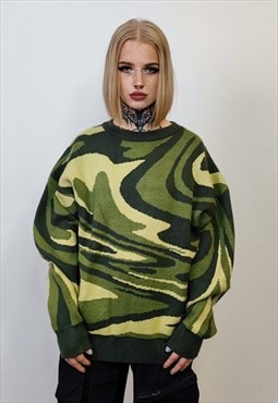 Camouflage print sweater military knitwear jumper in green