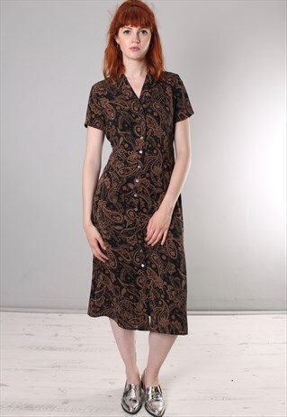 VINTAGE 90S PAISLEY PATTERNED BUTTON TIE BACK MIDI DRESS