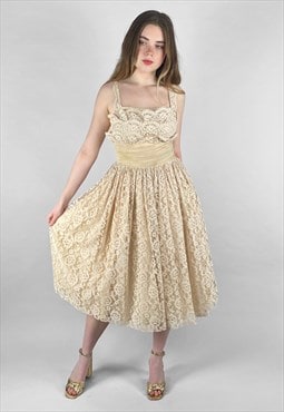 50's Bijou Ladies Cream Lace Prom Vintage Evening Dress