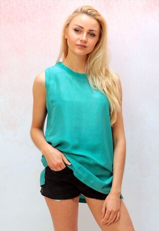 1990S VINTAGE PURE SILK LONGLINE GREEN VEST TOP