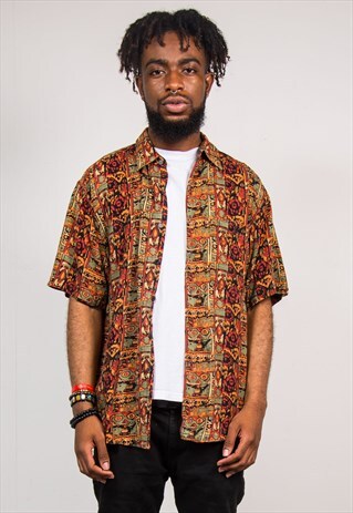 90'S VINTAGE BROWN WAVEY ABSTRACT PATTERN SHORT SLEEVE SHIRT