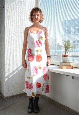 Vintage White Floral Print Spaghetti Dress