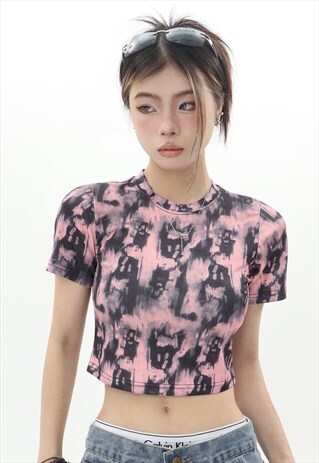 Abstract crop top tie-dye print t-shirt graffiti top in pink