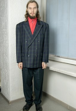 Vintage 80's Green Checked Double Breasted Wool Suit Blazer