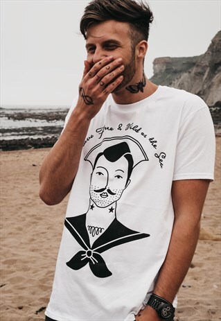 ART DISCO 'SAILOR' HAND PRINTED T-SHIRT IN WHITE