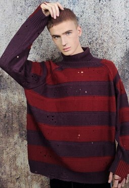 Ripped stripe sweater Zigzag jumper in acid red and purple