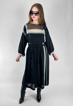 80's Vintage Black Long Sleeve Sheer Ladies Midi Dress