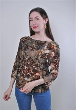 Vintage floral print brown quarter sleeve blouse 
