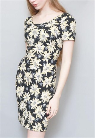 VINTAGE 1990'S BLACK AND YELLOW SUNFLOWER MINI DRESS