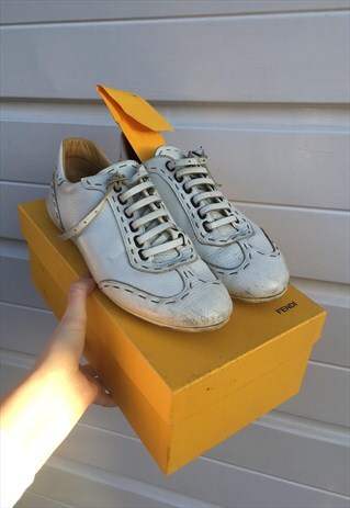 WOMENS VINTAGE FENDI TRAINERS WHITE LEATHER SHOES PUMPS