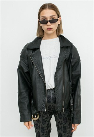 VINTAGE JACKET BLACK LEATHER BIKER 80S GRUNGE PUNK ROCK