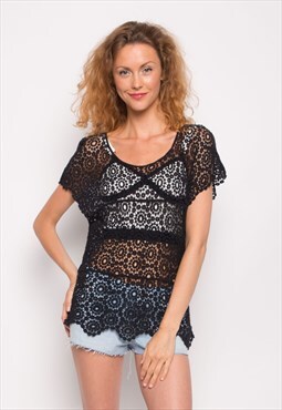 Short Sleeve Floral Crochet Top in Black