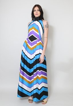 70's Ladies Vintage Dress Halter Neck Blue Stripe Maxi