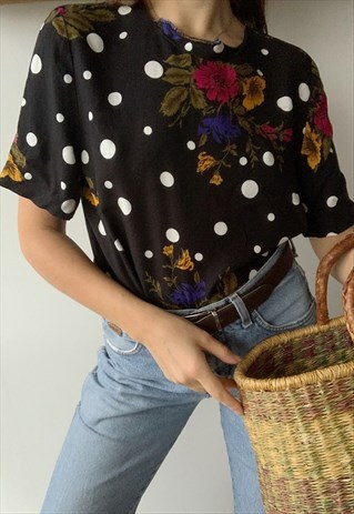 VINTAGE 80S FLORAL POLKADOT HAUTE BOHEME BLOUSE TOP FESTIVAL