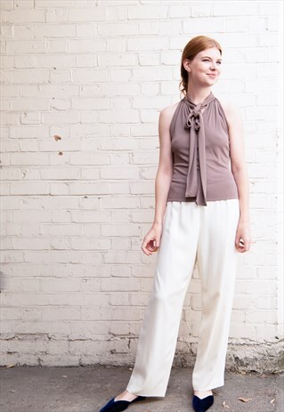 80'S CELINE SLEEVLESS TAUPE BLOUSE TOP WITH TIED NECK DETAIL