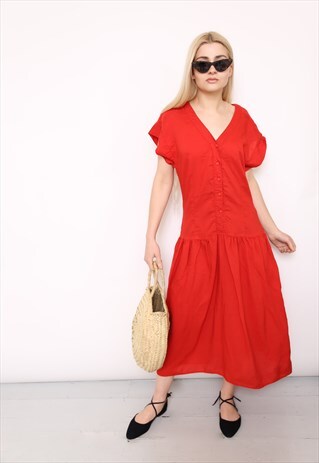 VINTAGE 90S RED DROP HEM BUTTON MIDI DRESS