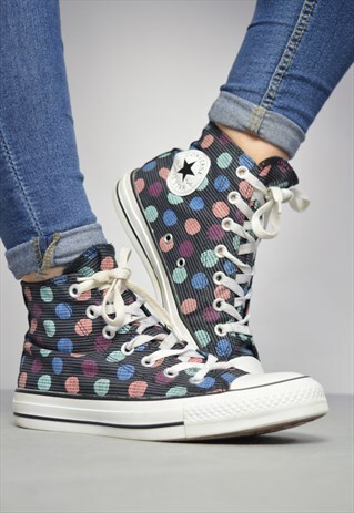 VINTAGE 90S CONVERSE BLACK & COLOURFUL POLKA DOT HI-TOPS
