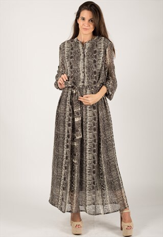 TRENDY GREY LEOPARD ANIMAL PRINT LONG SLEEVES MAXI DRESS