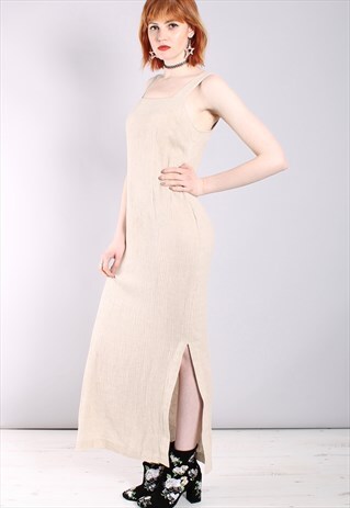 VINTAGE 90S BEIGE TEXTURED LINEN MAXI DRESS