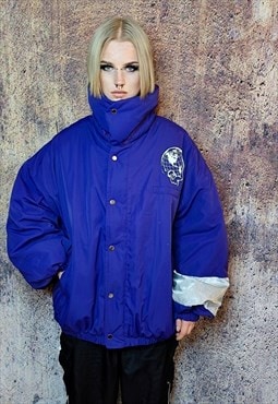 Raised neck varsity bomber silver patch MA-1 puffer purple