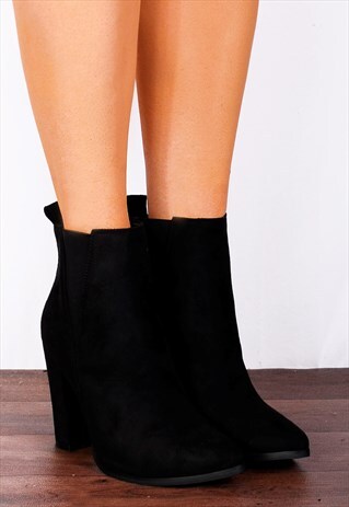 FAUX SUEDE CHELSEA POINTED BLOCK HIGH HEELED ANKLE BOOTS
