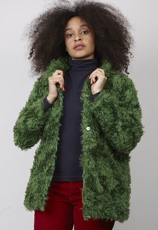VINTAGE 80'S GREEN FAUX MONGOLIAN LAMB COAT
